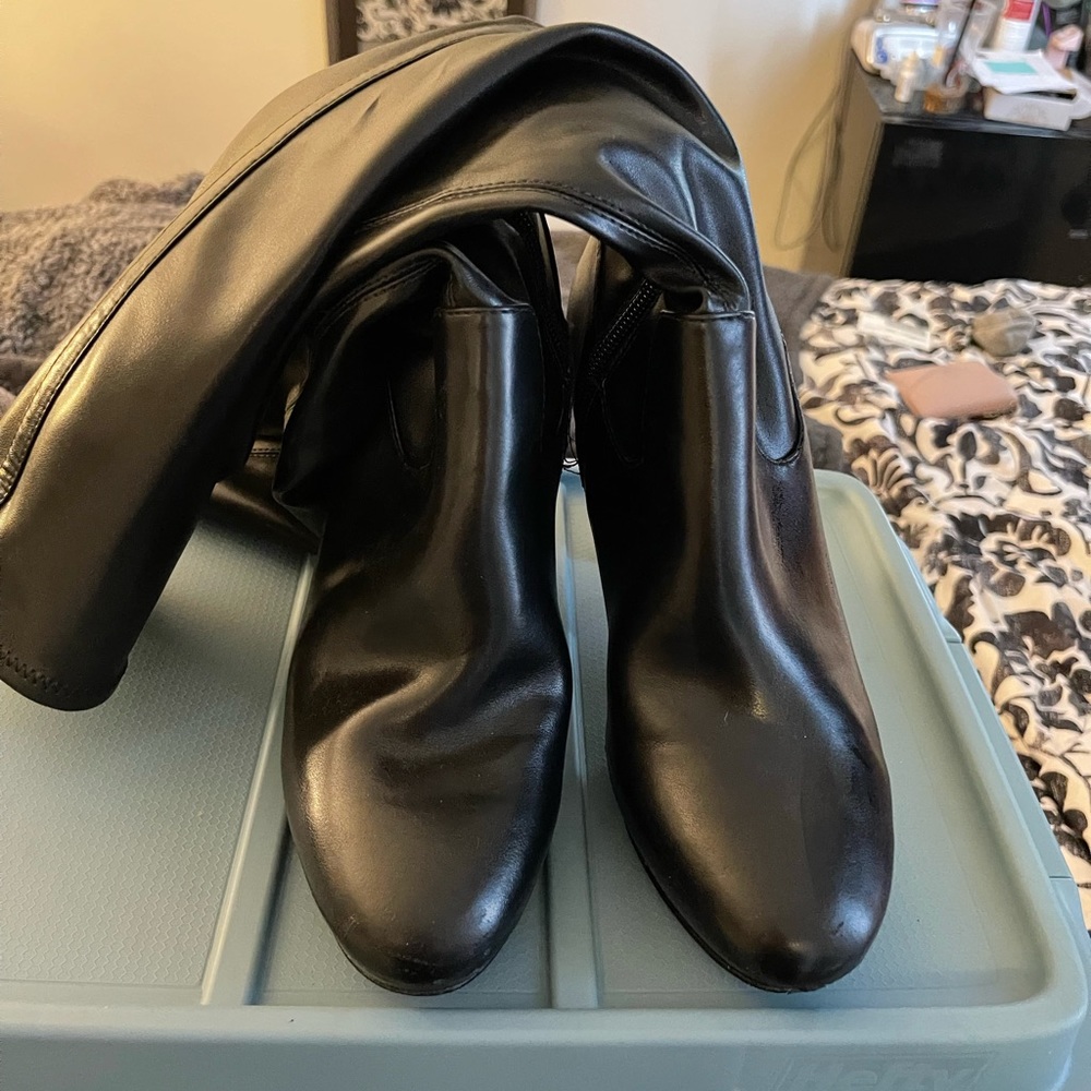 Black leather knee high booties